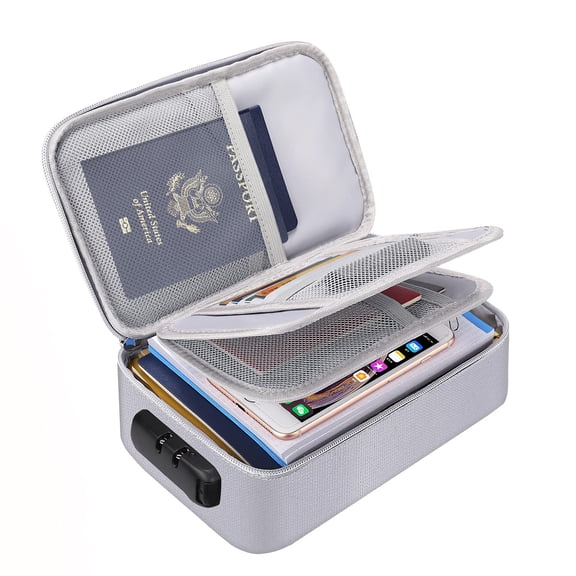 Small Fireproof Storage Case with Lock, 9 x 5.3 x 3.7 Inch Portable Money Safe Wallet Bag, Multi-Pocket Fireproof Organizer for Cash, Cards, Passports, Coins, Checks & Bills, Home Travel Use, Silver