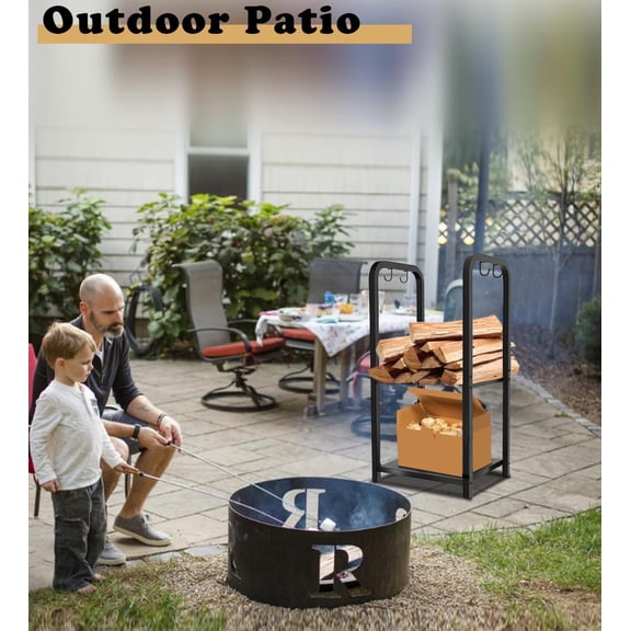 Small Firewood Rack Holder for Indoor Fireplace, 2-Tier Fire Wood Log Storage Stacker Stand for Outdoor , Black (Without Wheels)