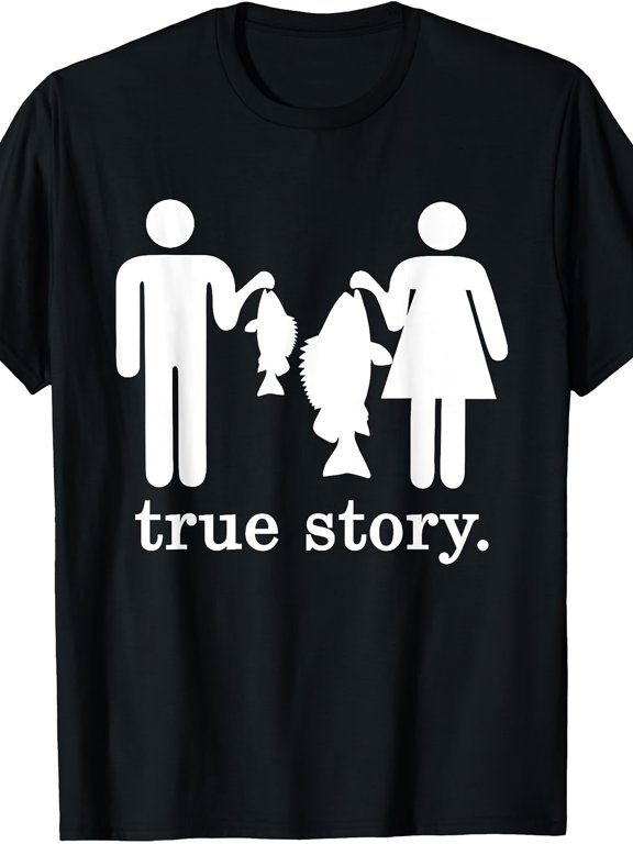 Small Fish Big Fish True Story Funny Fishing Lie Graphic Tee for Men Women, Angler Humor Short Sleeve T-Shirt, Casual Crew Neck Top for Fisherman Gift