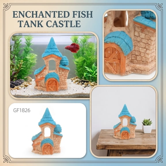 Small Fish Tank Decorations, Fish Decorations for Tank, Fish Tank Hideout, Betta Fish Tank Decor, 3X2X5 Inch Blue Roof Resin Castle Ornament for Narrow Desk Side Small Fish Tanks