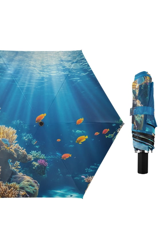Small Fishes and Corals in Sea All Weather Umbrella Triple Folding Parasol 6 Ribs UV Protection Portable
