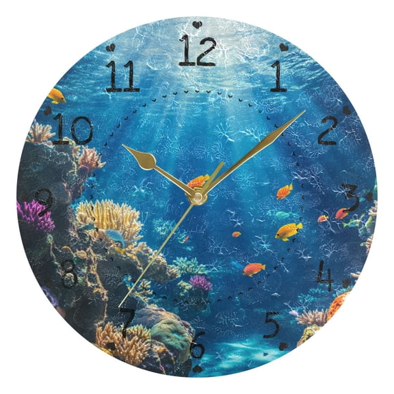 Small Fishes and Corals in Sea Round Wall Clock Silent Analog Battery Operated Gold Pointer Home Decor 9.84" Diameter