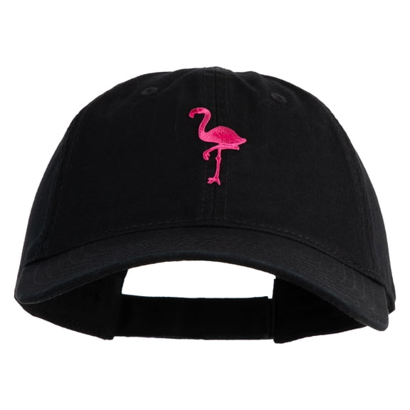 Small Flamingo Bird Embroidered Iron On Patched 6 Panel Washed Low Profile Dad Hat - Black OSFM