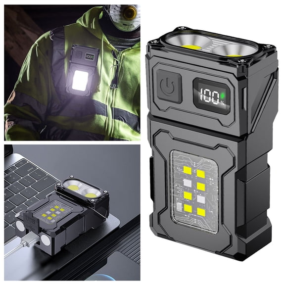 Small Flashlight Rechargeable Compact Pocket Work Light Torch With 6 Modes COB Side Light Digital Display Worklight