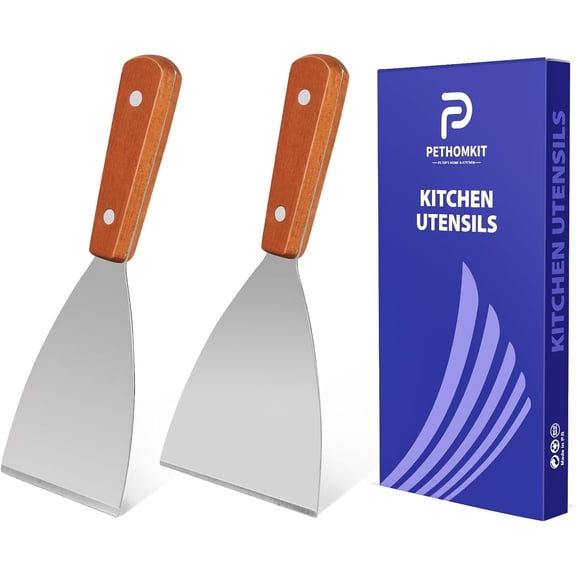 Small Flat Metal Spatula Scraper Set,2 Pcs Stainless Steel Dough Food Scraper Kitchen Tool, Griddle Grill Scrapers for Flat Tops Pancake Pizza Burgers Cooking Cutting Flipping Cleaning, Slant Edge