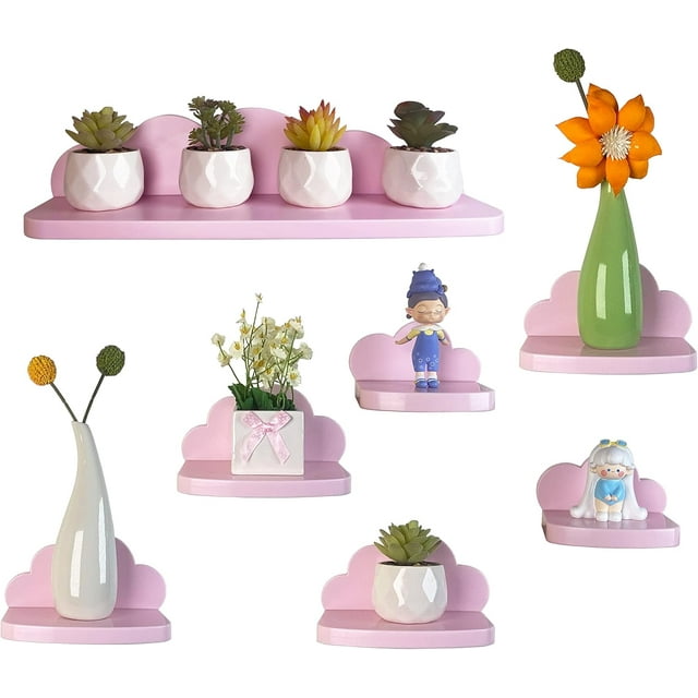 Small Floating Shelves Mini Cloud Shelves Hanging Display 6 Inch Wall Shelf for Bathroom Livingroom Bedroom,3 Pack,with 2 Types of Installation, Pink, 6"D x 3"W x 3.5"H