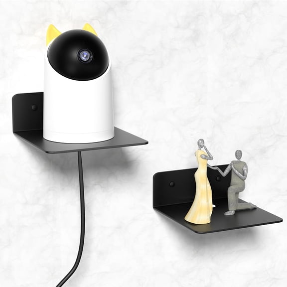 Small Floating Shelves for Wall, 5 Inch Metal Wall Shelves - Adhesive Installation, Display Ledges Set of 2, Perfect for Echo, Cameras, Mini Decor, Funkos, Figurines (Black)