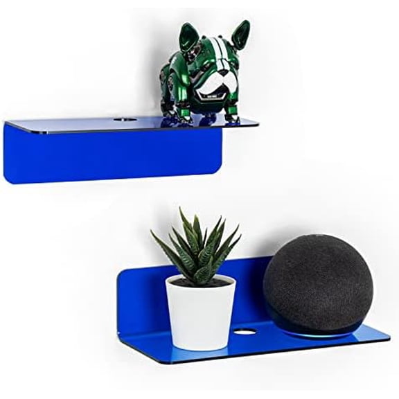 Small Floating Wall Shelves Set of 2 - Personalize&Easily Expand Wall Space - 9 Inch Acrylic Wall Shelf for Bedroom, Gaming Room, Living Room, Bathroom, Office, with Cable Clips - Clear Blue