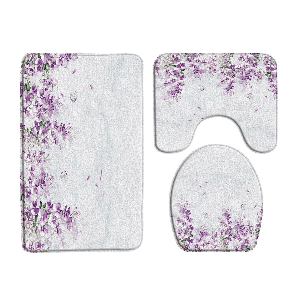 Small Floral Branch Bath Mat 3 Piece Set Plant Bathroom Decor Rug ...