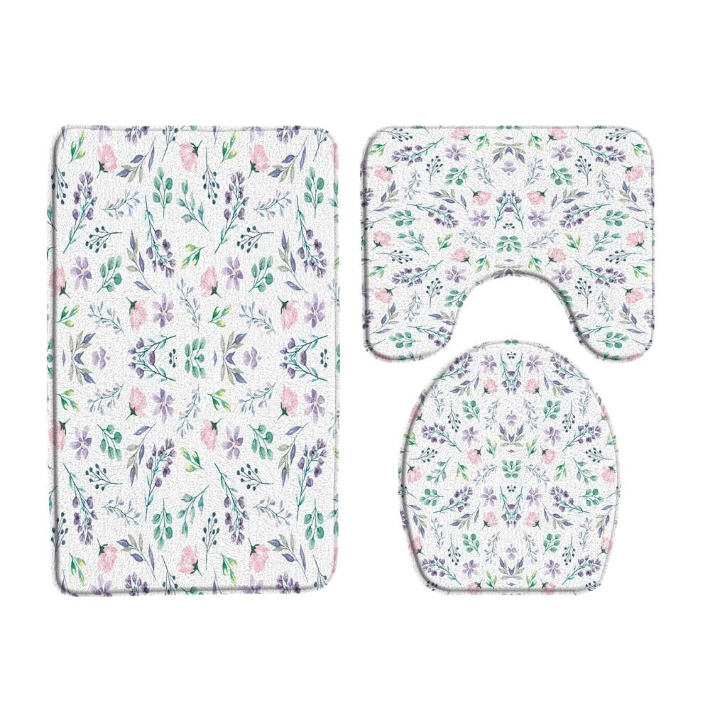 Small Floral Branch Bath Mat 3 Piece Set Plant Bathroom Decor Rug ...
