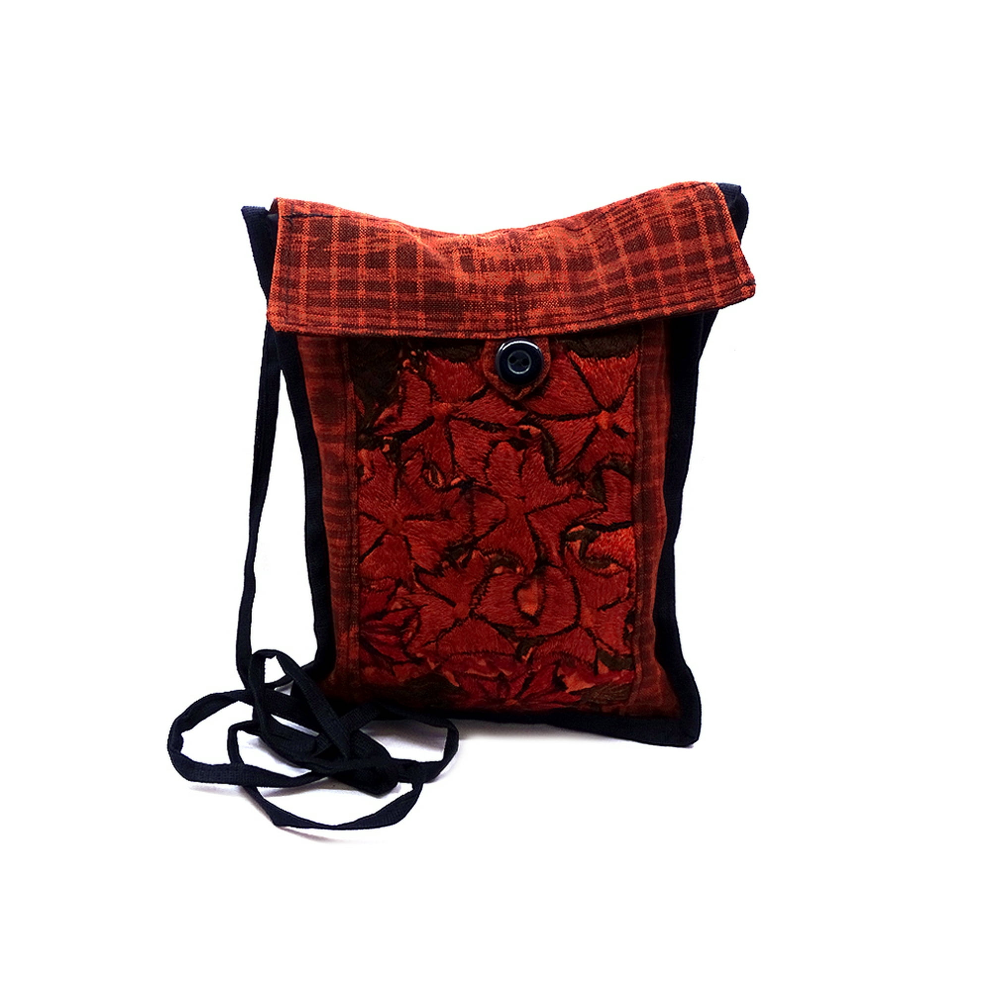 Small Cotton Floral Embroidery Pouch Shoulder Bag with Long Strap