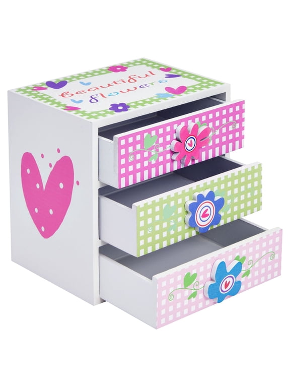 Small Floral Jewelry Box for Little Girls Ages 4-13 - Kids Wooden Organizer with 3 Drawers for Necklaces and Earrings