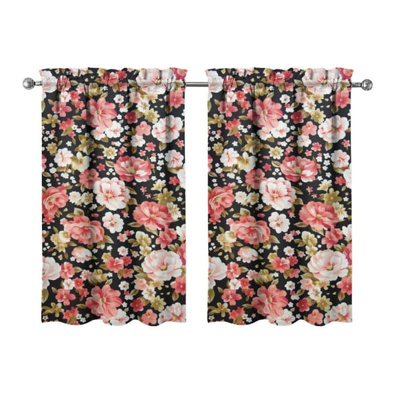 Small Floral Kitchen Curtains - 2 PCS Vintage Bloom Print, Rod Pocket Design, Farmhouse Window Treatment