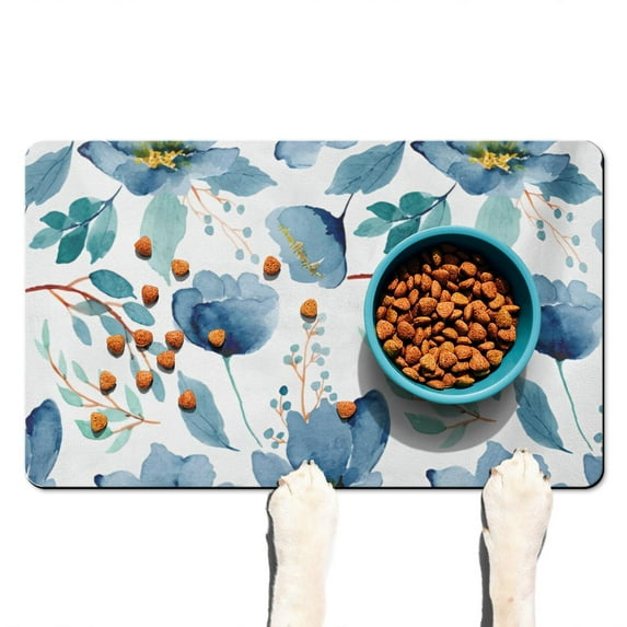 Small Floral Pet Food Mat - Waterproof Dog Bowl Mat with Tropical Flower Pattern, Non-Slip Rubber Base for Mess-Free Feeding