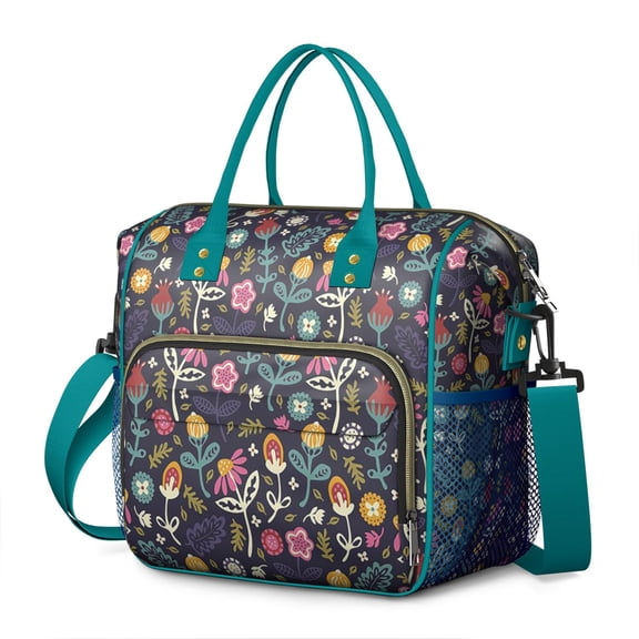 Small Floral Print Insulated Lunch Bag Large Lunch Box Reusable Lunch Tote Adult Lunch Cooler Dual Compartment Lunch Bag Leakproof Lunch Box Waterproof Cooler Tote Collapsible Cooler Bag Multi-pocket
