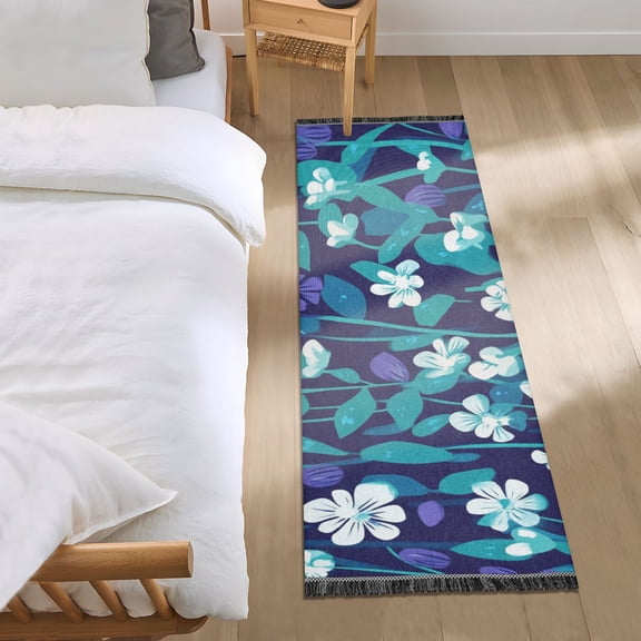 Small Floral Print on Dark Blue Background Bedroom Runner Rug 2'x 6' Non Slip Carpet Indoor Home Area Rug Living Room