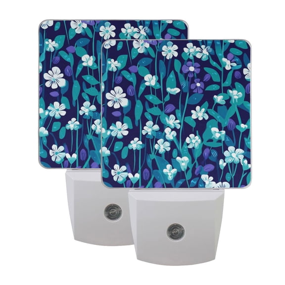 Small Floral Print on Dark Blue Background LED Night Light with Smart Sensor Plug Into Wall Dusk to Dawn 2 packs
