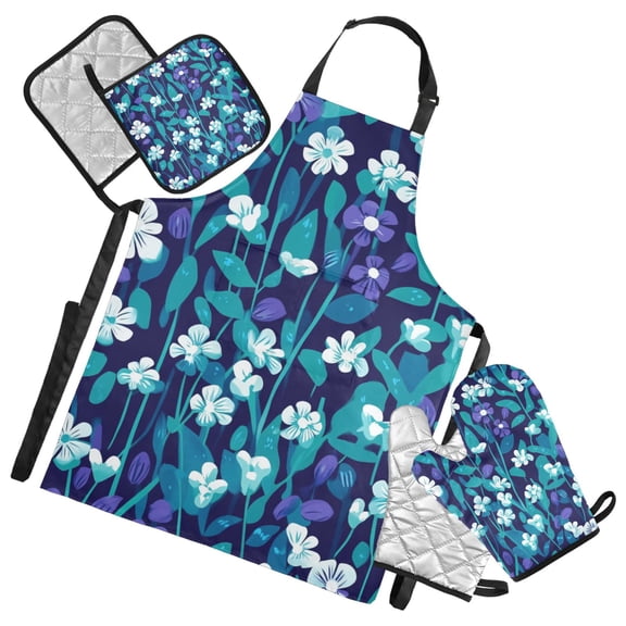 Small Floral Print on Dark Blue Background Oven Mitts and Pot Holders with Chef Apron Set 5 Pcs Kitchen Cooking Set