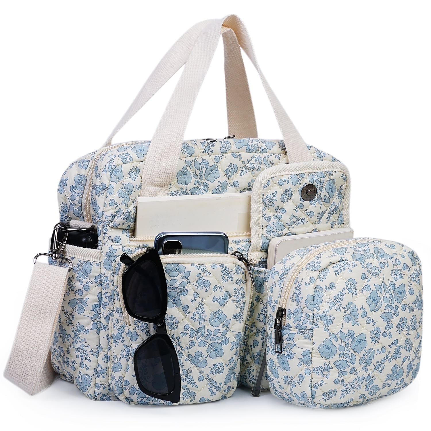 Small Floral Quilted Tote Bag 2-Pack for Women: Multi-Pocket Crossbody & Shoulder Bag for Everyday Use