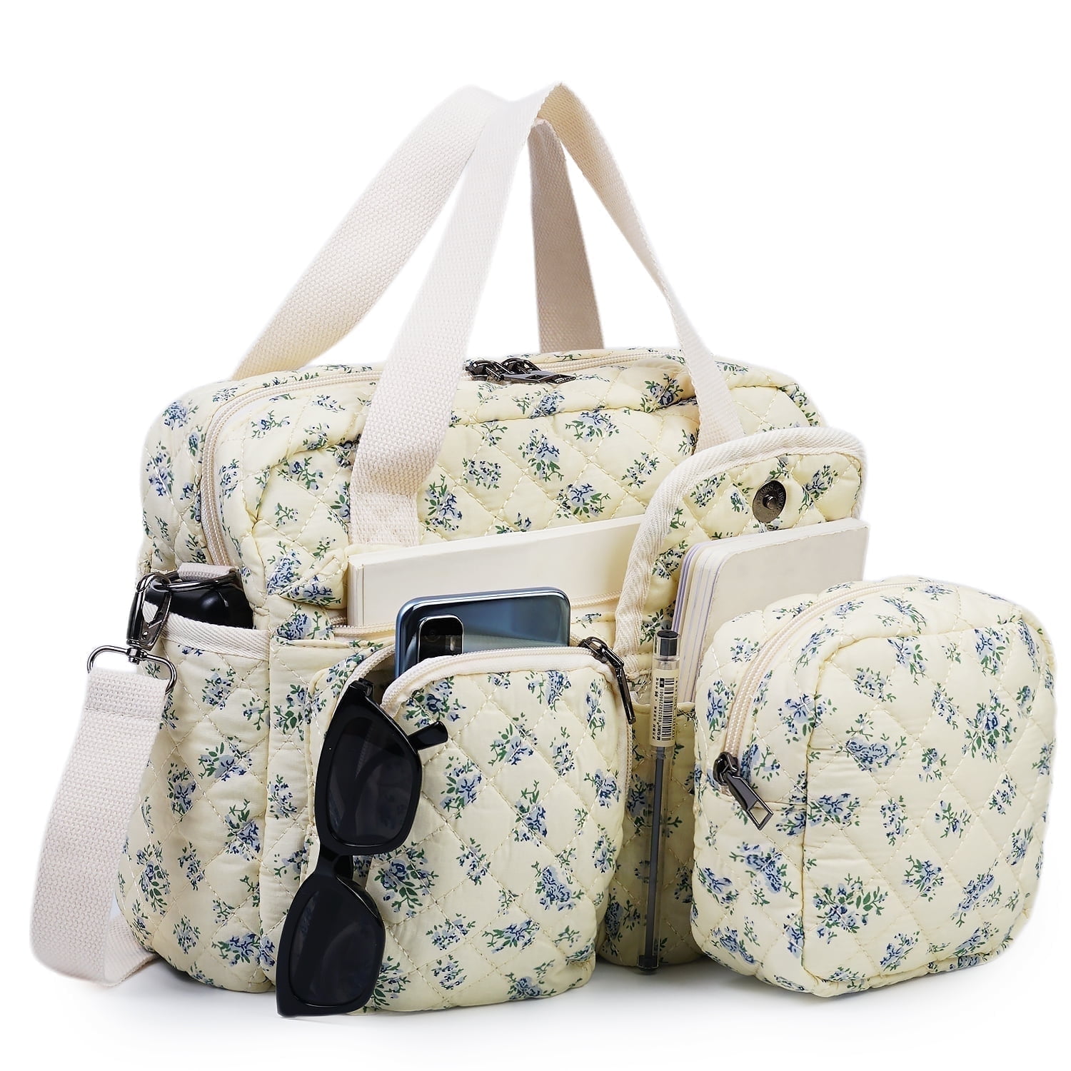 Small Floral Quilted Tote Bag 2-Pack for Women: Multi-Pocket Crossbody & Shoulder Bag for Everyday Use