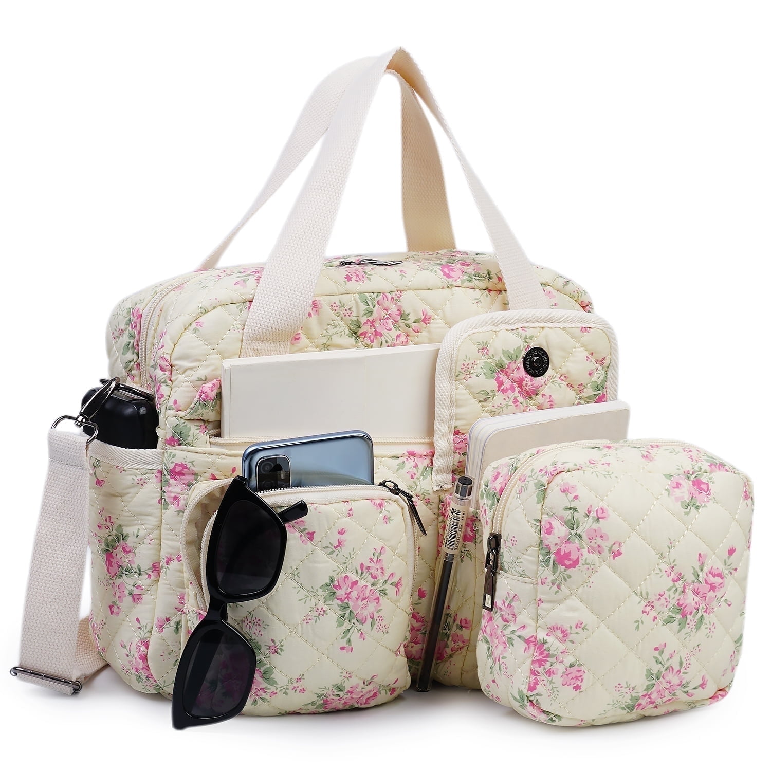 Small Floral Quilted Tote Bag 2-Pack for Women: Multi-Pocket Crossbody & Shoulder Bag for Everyday Use