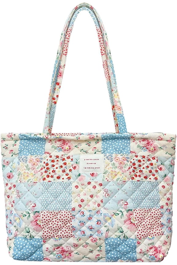 Small Floral Quilted Tote Bag with Zipper Closure for Women Girls