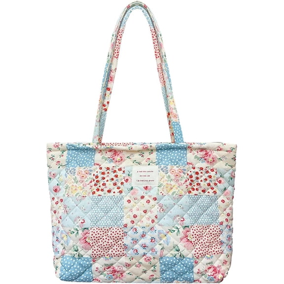 Small Floral Quilted Tote Bag with Zipper Closure for Women Girls