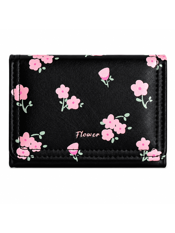 Small Floral Wallet for Women, Slim Wallet with ID Window, Card Slots and Cash Compartment, Tri Fold Black Floral Wallet