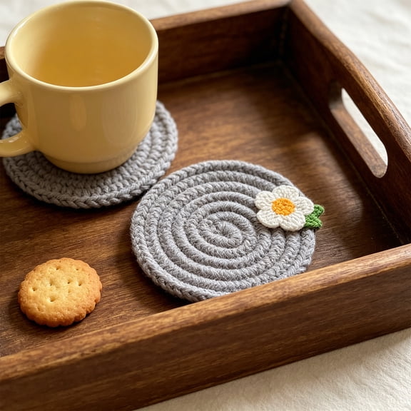 Small Flower Drink Mat Set, Handmade Woven Round Cup Mats, Absorbent Heat Protection for Furniture, Natural Cotton, Gray, 4-Piece Gift Set