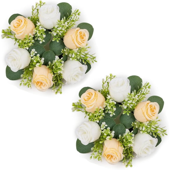Small Flower Rings for Centerpieces: 9.05 Inch Champagne & White Candle Wreath for Wedding Party Christmas Table Decorations - Spring Summer Front Door Porch Decor 2 Pcs