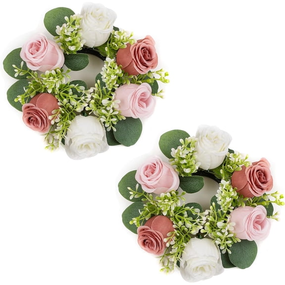 Small Flower Rings for Centerpieces: 9.05 Inch Dusty Rose & White Candle Rose Wreath for Wedding Party Christmas Decorations - Spring Summer Front Door Porch Decor 2 Pcs