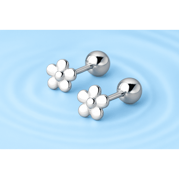 RYSKYJEWELRY Small Flower Screw Back Stud Earrings, Sterling Silver