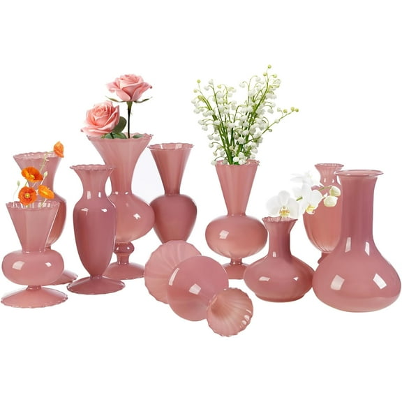 Small Flower Vase Set of 10, Decorative Glass Vase Set, Small Vases in Bulk for Wedding Decorations, Mini Table Floral Vase for Table, Recepetion, Home, Rococo Style(Pink)