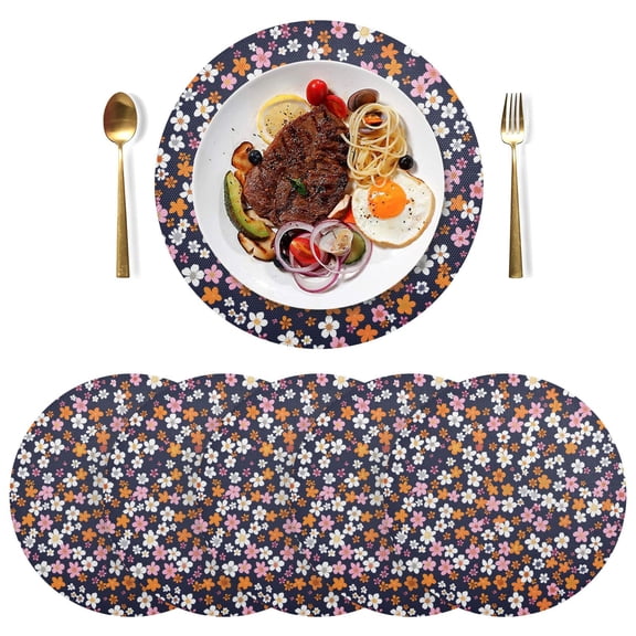 Small Flowers Black Round Placemats Plate Mats 15 Inch Non-Slip Heat Resistant Washable PVC Set Indoor for Kitchen Dining Table 1PC