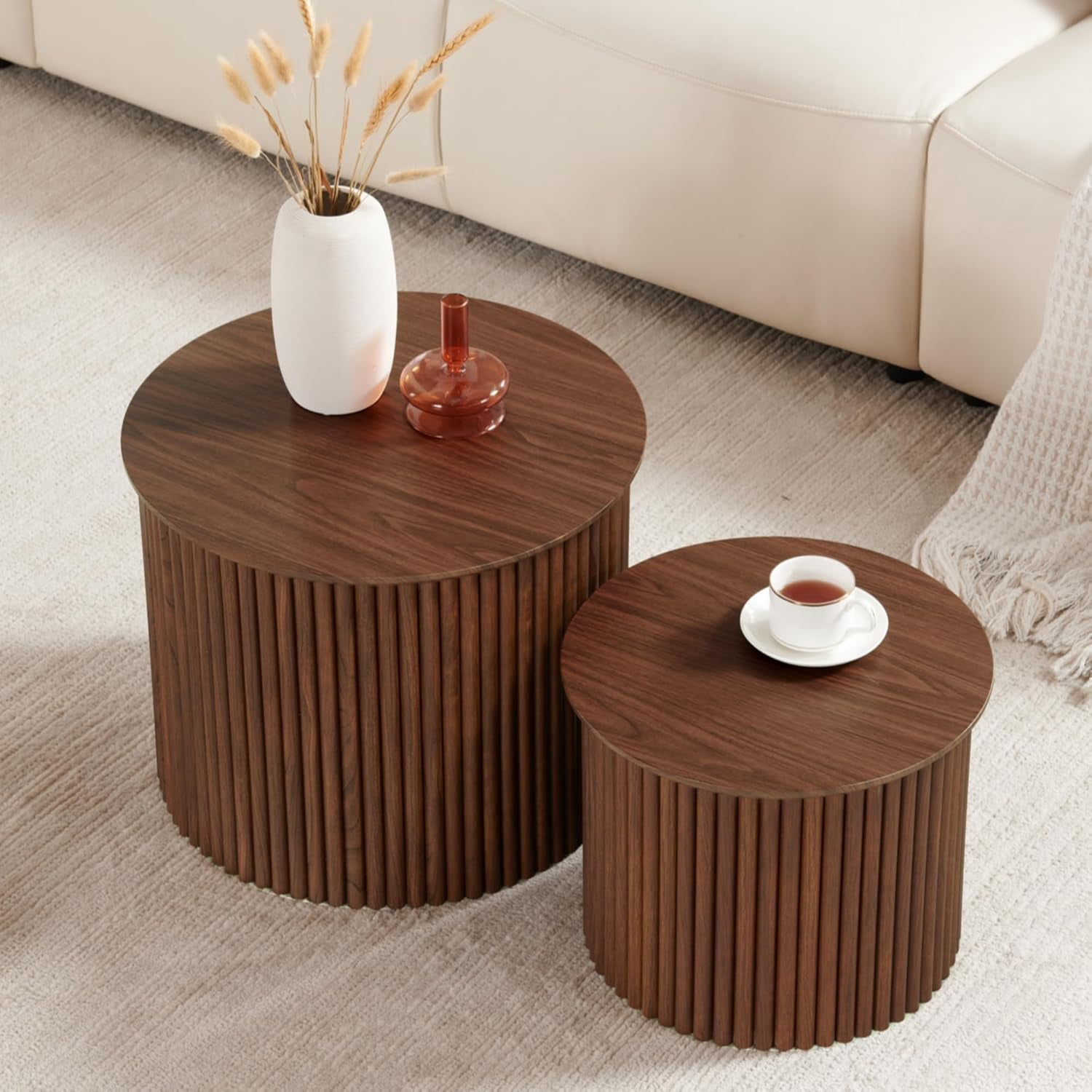 Fluted Rounded Table Small Fluted Round Nesting Coffee Table Set of 2, Mid Century Modern ...