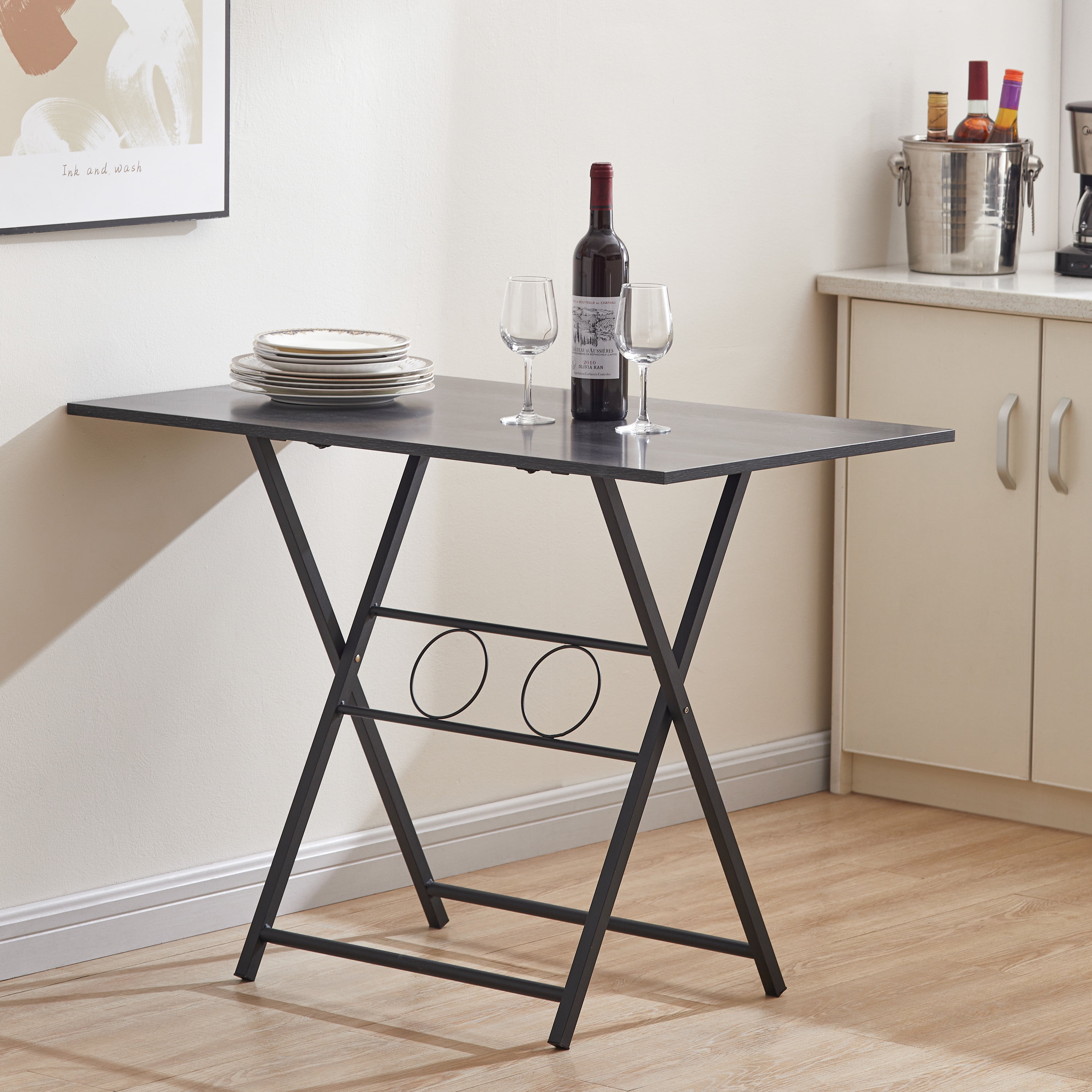 Black Foldable Metal and Wood Small Desk