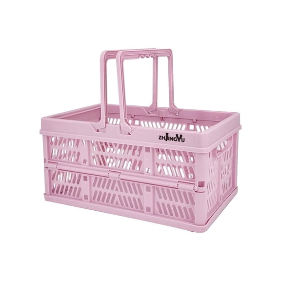 Pink Medium Foldable PP Plastic Storage Basket with Handles, Collapsible Crate Organizer for Home, Office, Car (Available in Black, Pink, Blue, White)