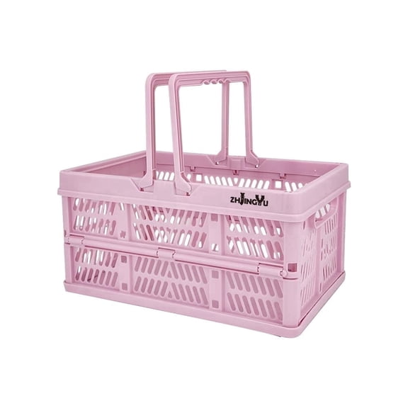 Foldable Plastic Storage Basket with Handles, Collapsible Crate Organizer for Home, Office, Car, Pink