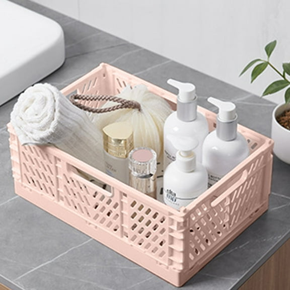 Small Foldable Storage Bins for Desk Organization,Stackable Mini Plastic Storage Crates for Home Office Organizer,Folding Small Storage Basket Containers(Pink)