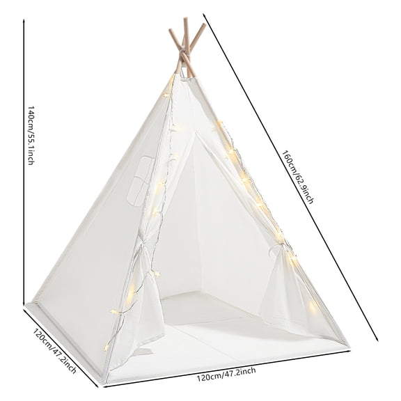 Small Foldable Tent Decor, Play Tent with String Lights and Mat, Teepee Tent Cotton Linen Floor Standing Tent for Indoor Use (White)