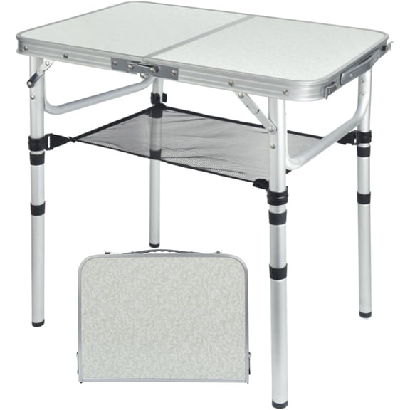 Small Folding Camping Table, 2ft Portable Picnic Table Aluminum 24" x 16" Folding Table, 3 Adjustable Heights Portable Lightweight Table Dining Table for RV, Picnic, Beach (White)