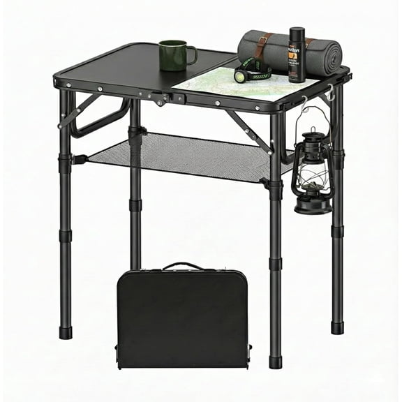 Small Folding Camping Table with Storage Net, 3 Adjustable Heights, Lightweight Portable, Pure Black
