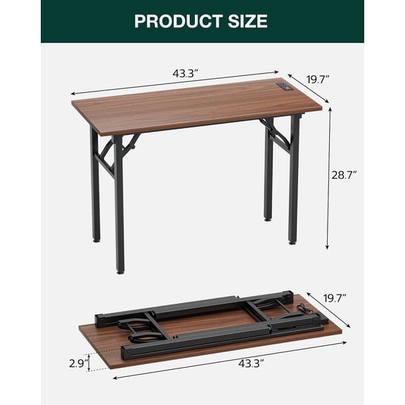 Small Folding Computer Desk – 43.3 Inch Portable Table for Craft and Study, Lightweight Desk for Small Spaces, Foldable Laptop Table Built-in AC/USB Outlets for Convenience, Dark Walnut