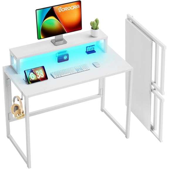 Small Folding Desk 31.5 Inch, Foldable Computer Desks with LED Lights and Monitor Stand, Work Portable Table for Bedroom Home Office, White