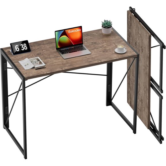 Small Folding Desk, No Assembly Required Computer Desks, 31.5 inch Spaces Saving Foldable Table for Bedroom, Home Office, Dorm, Apartment,Brown
