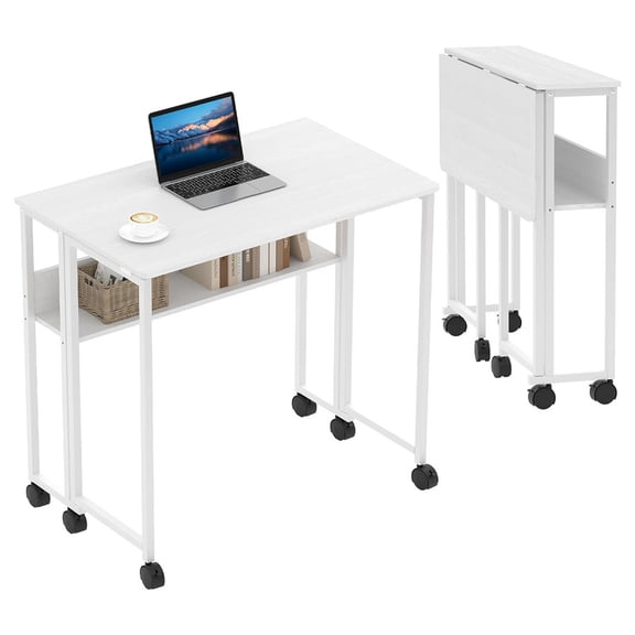 Small Folding Desk Rolling Desk with Storage Shelf, 31.5 Inch Foldable Computer Table with Wheels for Small Space Home Office, White