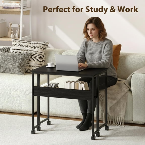 Small Folding Desk with Storage Shelf 80 Cm Computer Rolling on Wheels Easy Assembly Foldable Black