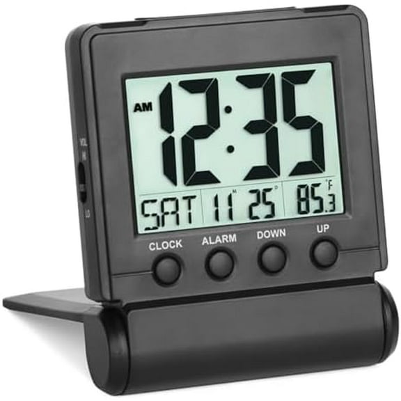 Small Folding Digital Travel Alarm Clock with Day/Month/Date/Indoor Temperature,Easy to Read and Set,High/Low Alarm Volume,9 Min Snooze,Backlight on Demand,Bedside Calendar Alarm Clock,Black$$