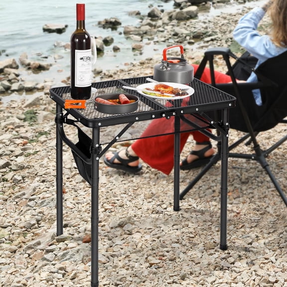 Small Folding Grill Table for Outside, 3 Heights Adjustable Lightweight Portable Metal Aluminum Outdoor Grill Table for Camping Picnic Cooking BBQ, Black 24x16 inches