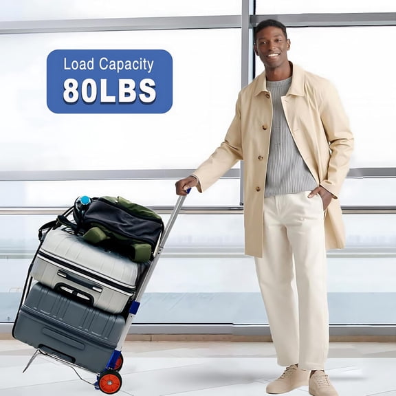Small Folding Luggage Cart, Lightweight Aluminum Portable Hand Truck with 2 Elastic Straps & 2 Wheels, Adjustable Height for Travel, Moving, Office & Shopping, Easy to Store, 80 lbs Capacity